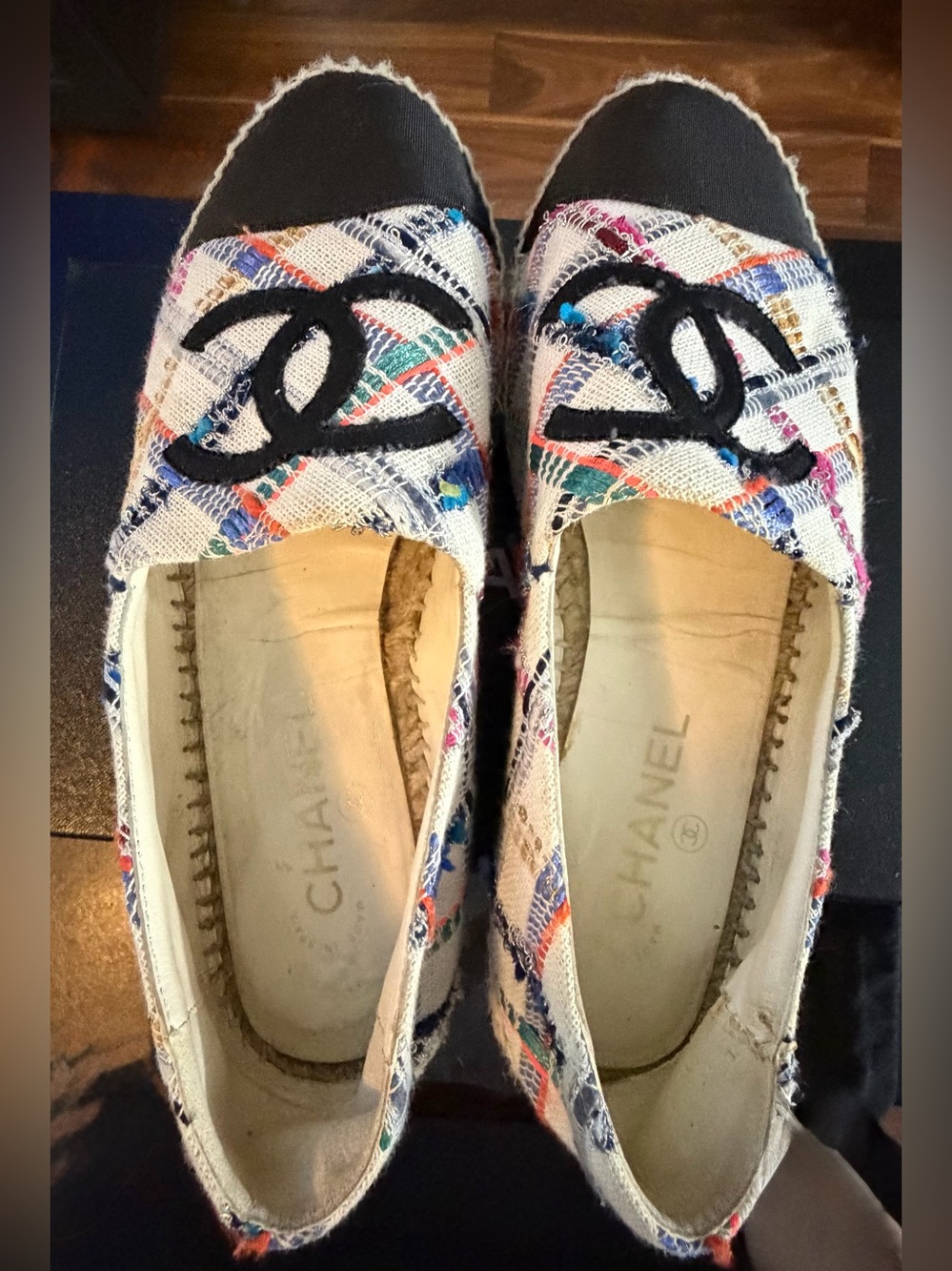 Authentic CHANEL Multicolor Tweed Espadrilles with Black Cap Toe